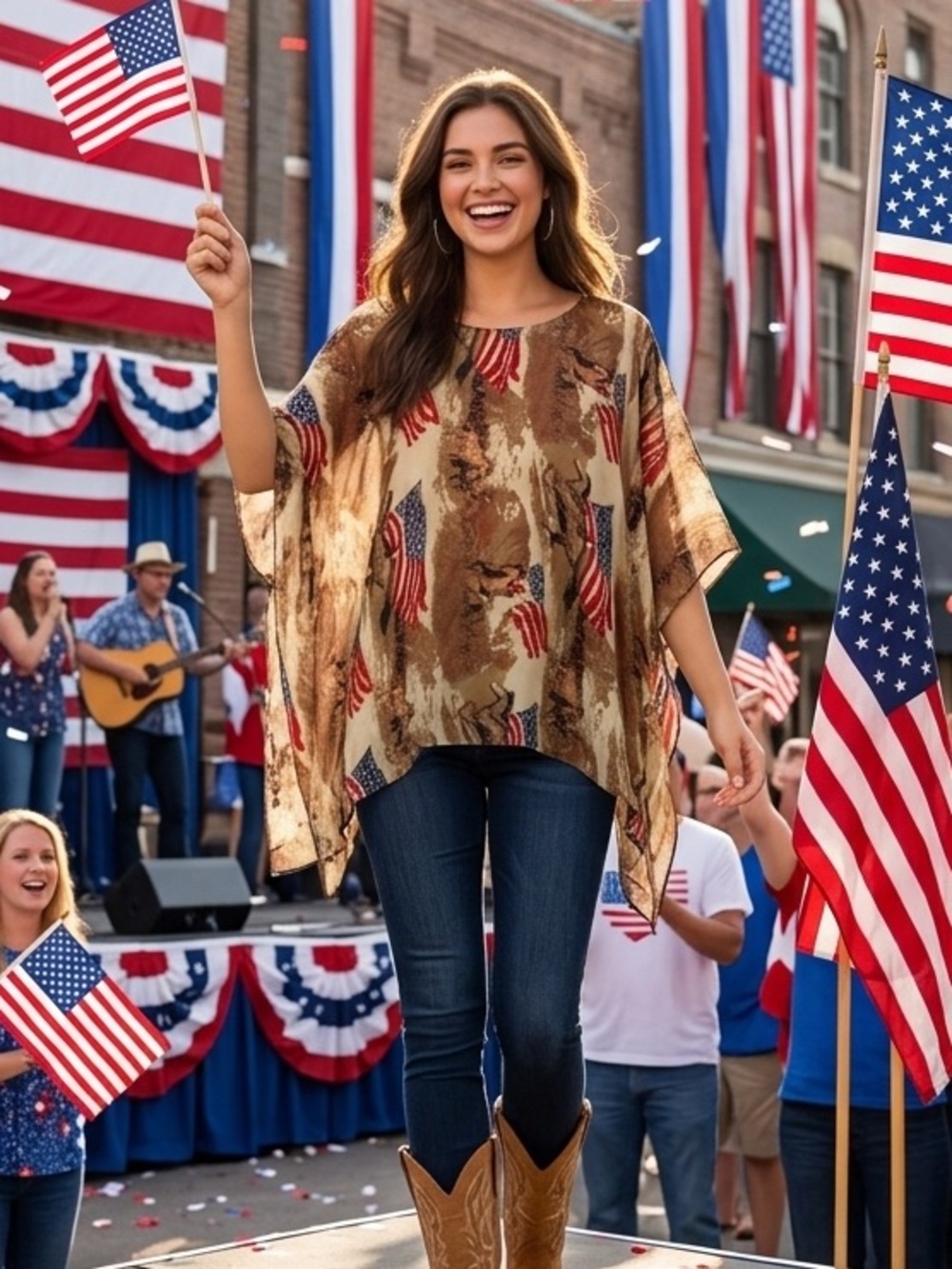 Women's sheer poncho blouse with AMERICAN FLAG FREE SZ